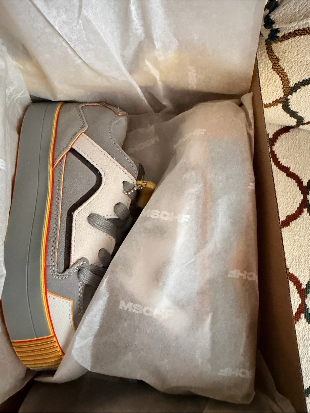 MSCHF Kids' Gray and Cream Retro Sneaker with Orange Stripe
